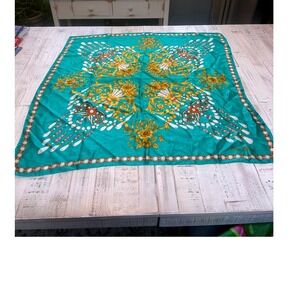 Nina Ricci Silk Scarf Teal Gold Floral Baroque Designer Square Fashion Accessory